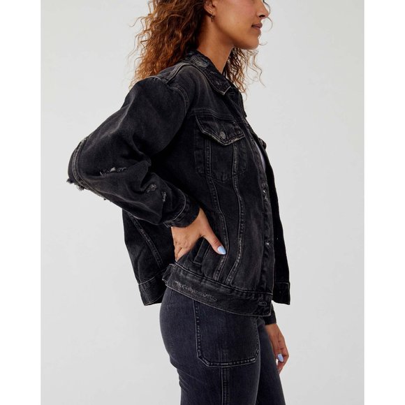 Free People Black Ripped Jean Jacket - Picture 2 of 10